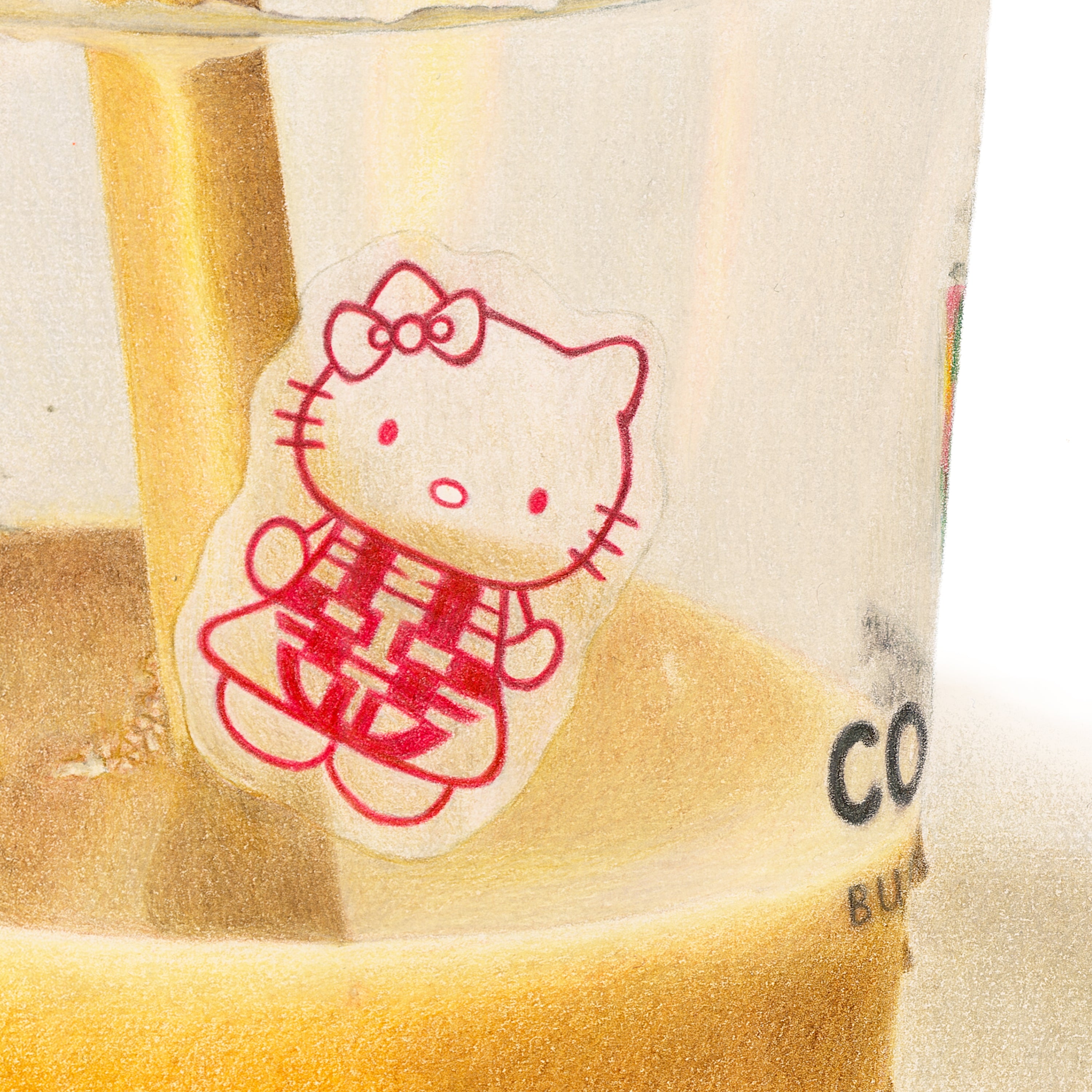 Detail shot of Boba: close up hello kitty sticker