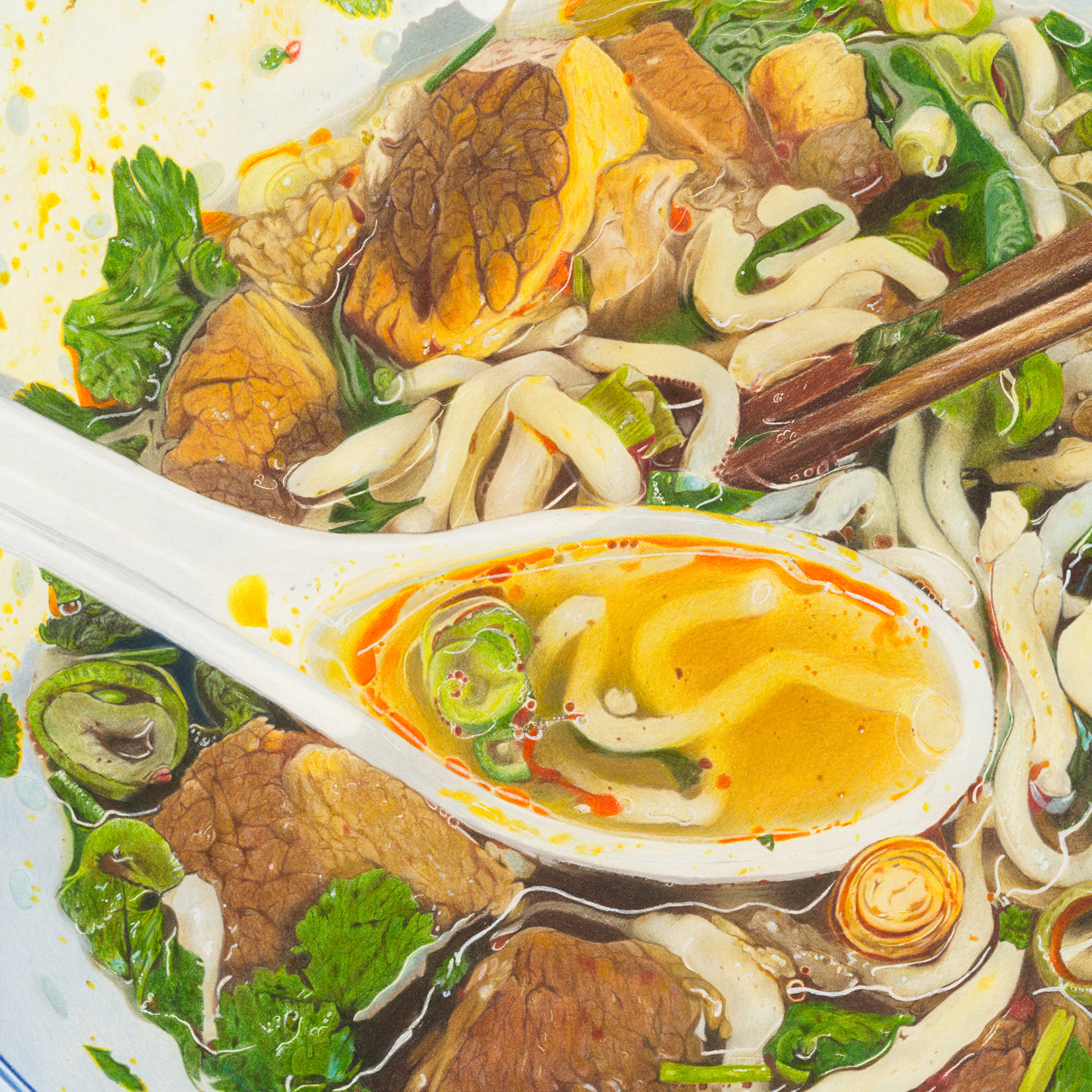 Detail shot of Comfort Food: Soup in spoon and meat chunks