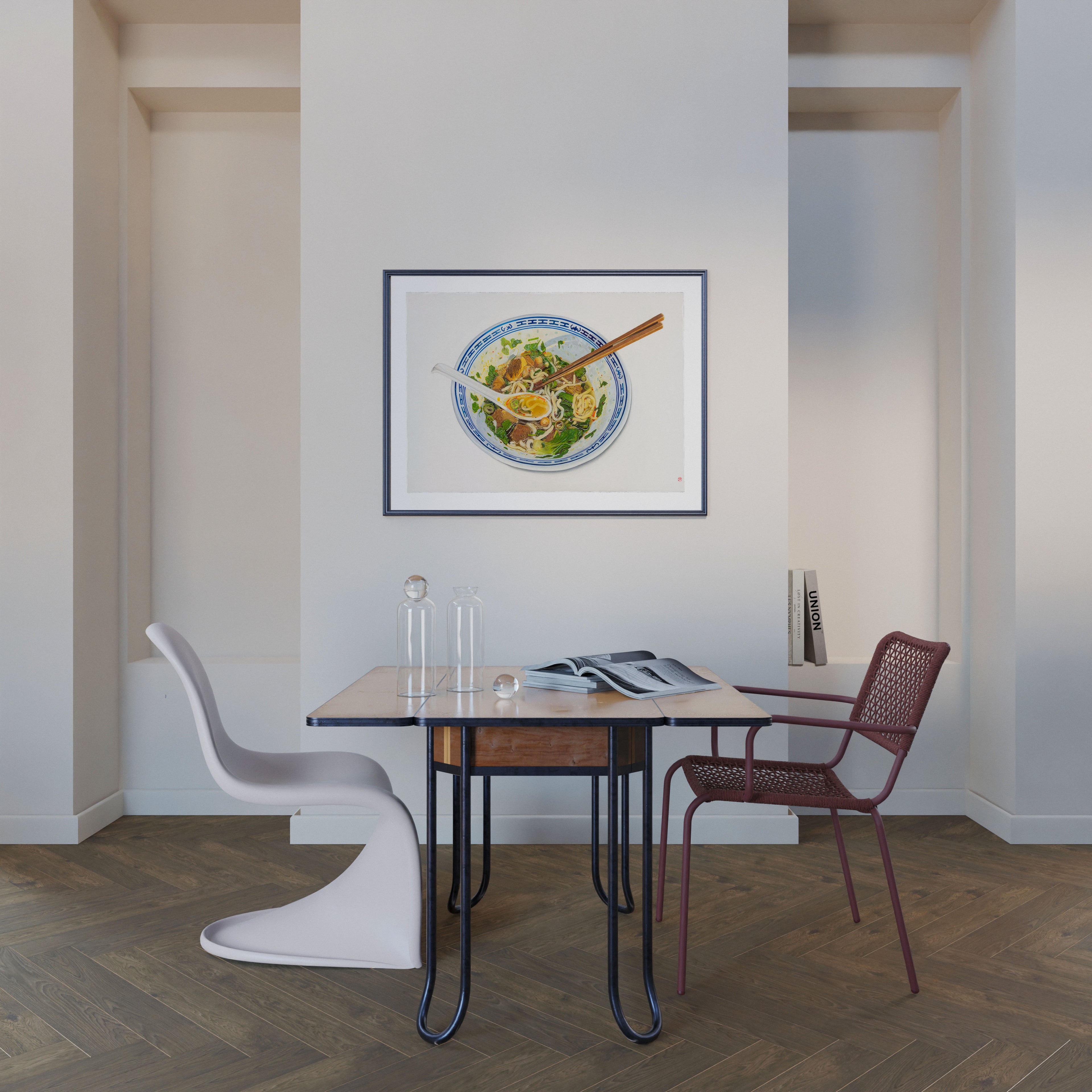Mockup: Sophisticated framing enhancing the intimate mood of Comfort Food artwork at the dinner table.