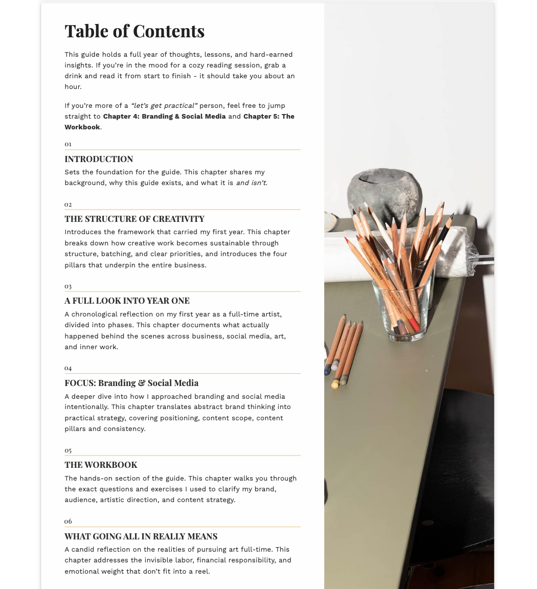 Table of contents for a guide on creativity and branding with a pencil holder and pencils on a desk.