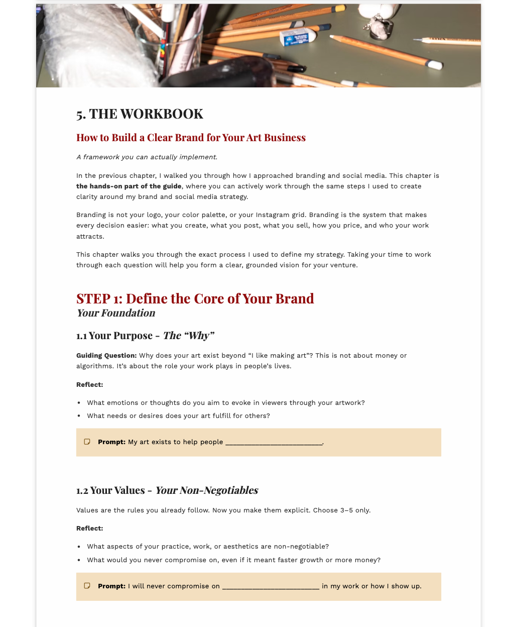 Workbook page on building a clear brand for an art business with text and checkboxes.