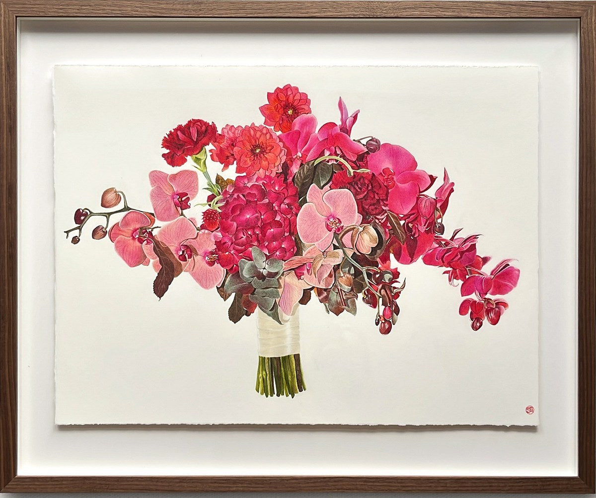 Bridal bouquet artwork framed in a raised float mount